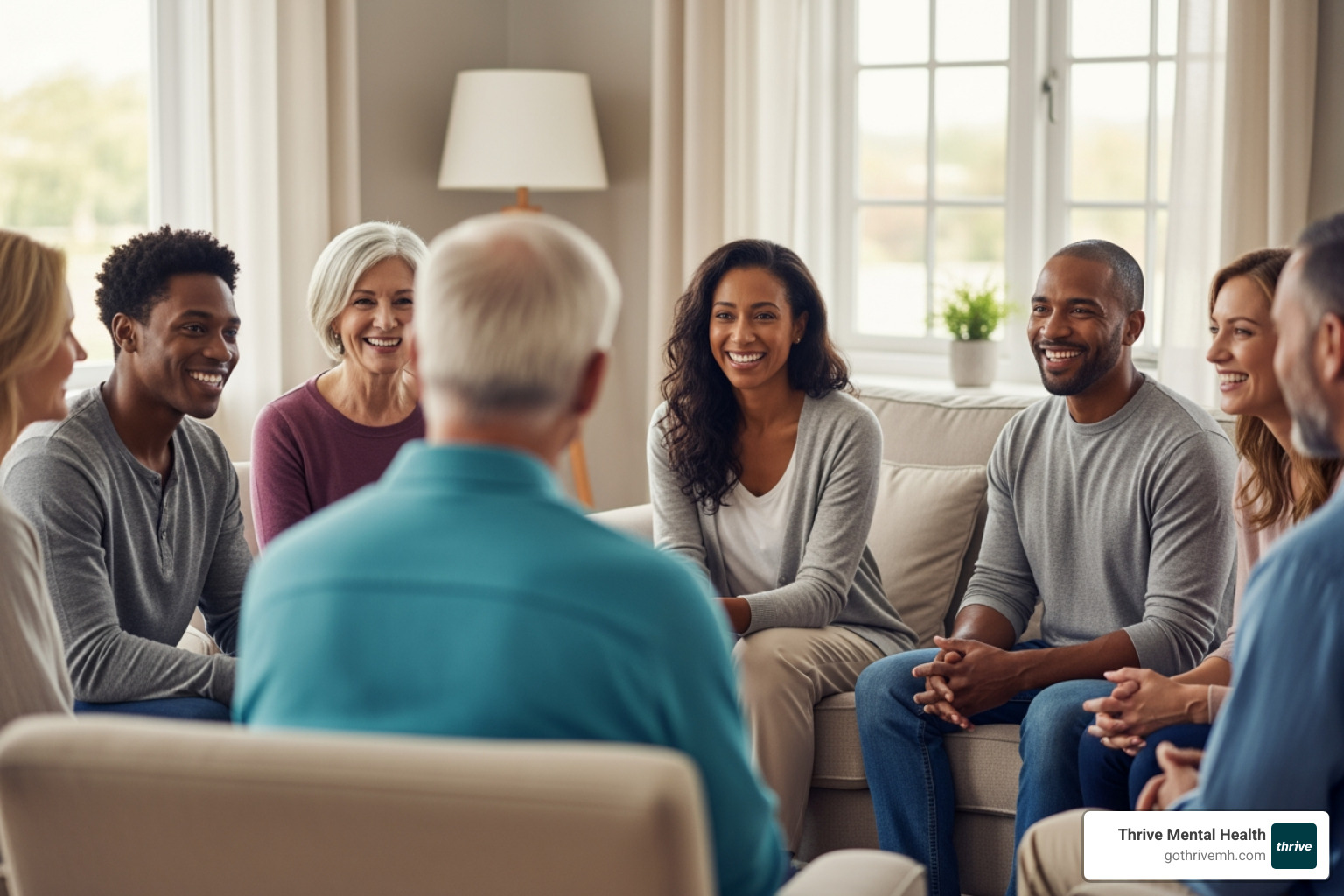 A diverse group of people participating in a supportive group therapy session, smiling and engaged. - iop vs php vs inpatient