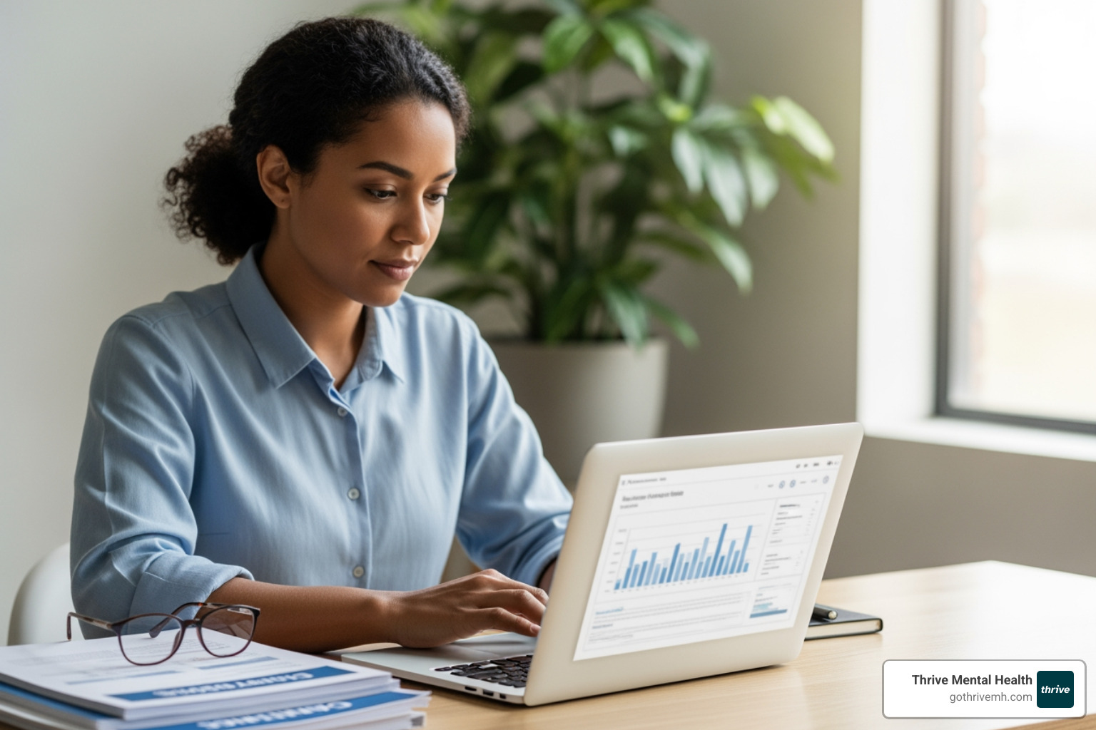 A person reviewing insurance documents on a laptop, with a serene background. - iop vs php vs inpatient