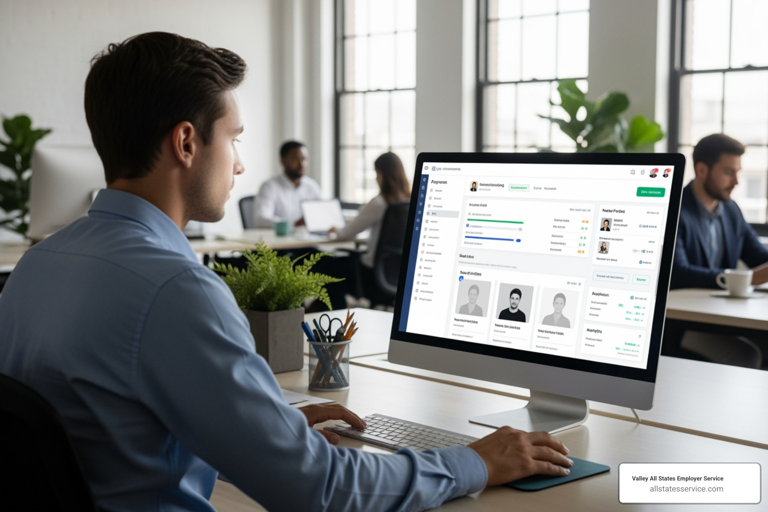 An HR professional using an onboarding software dashboard on a computer, demonstrating streamlined digital processes. - New employee onboarding