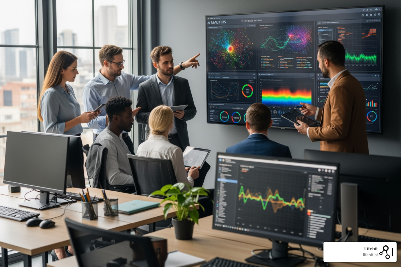 Team collaborating around a screen showing AI analytics - ai-driven pharmacovigilance solutions Team collaborating around a screen showing AI analytics - ai-driven pharmacovigilance solutions