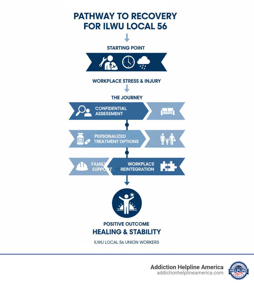 Infographic showing the pathway from workplace stress and injury to substance use, through confidential assessment, personalized treatment options, family support, and workplace reintegration for ILWU Local 56 union workers - Helping ILWU Local 56 Union Workers Overcome Addiction infographic Infographic showing the pathway from workplace stress and injury to substance use, through confidential assessment, personalized treatment options, family support, and workplace reintegration for ILWU Local 56 union workers - Helping ILWU Local 56 Union Workers Overcome Addiction infographic