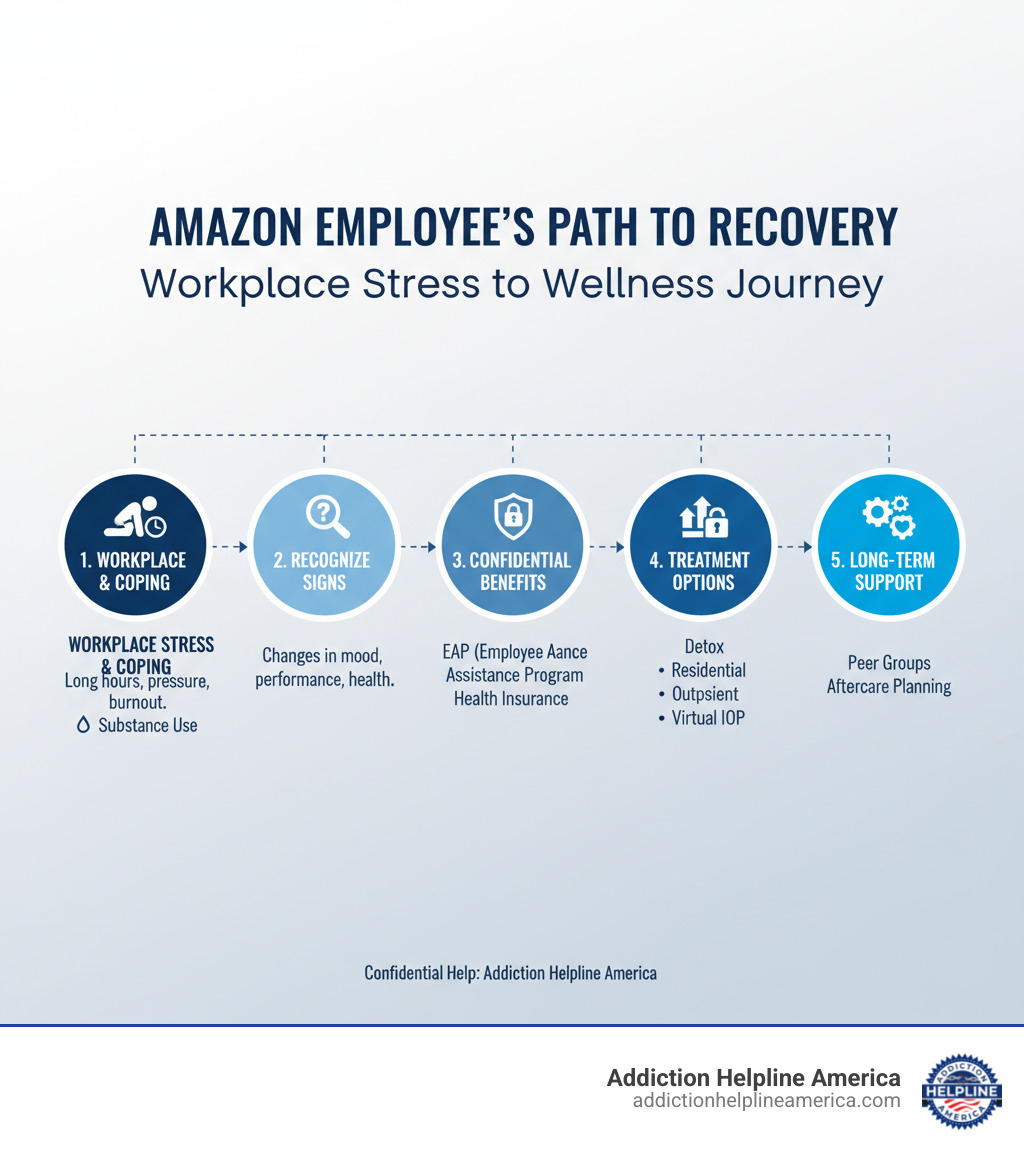 Infographic showing the journey from workplace stress at Amazon through recognizing signs of substance use, accessing confidential benefits like EAP and health insurance, choosing appropriate treatment levels from detox through outpatient care, and building long-term recovery support through peer groups and aftercare - Drug & Alcohol Rehab for Amazon Employees infographic Infographic showing the journey from workplace stress at Amazon through recognizing signs of substance use, accessing confidential benefits like EAP and health insurance, choosing appropriate treatment levels from detox through outpatient care, and building long-term recovery support through peer groups and aftercare - Drug & Alcohol Rehab for Amazon Employees infographic