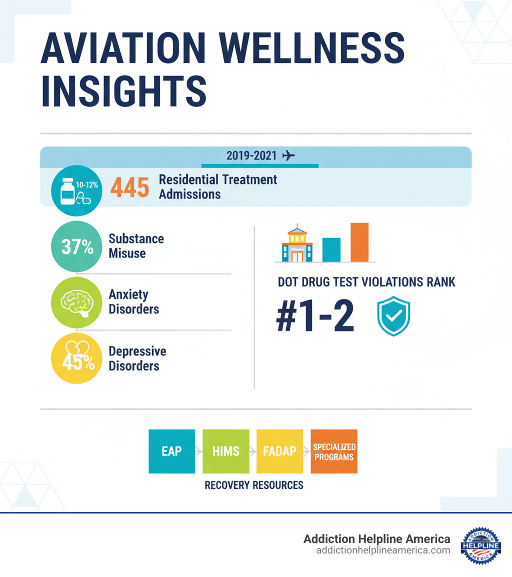 Infographic showing: 10-12% of flight attendants engage in substance misuse; 37% diagnosed with anxiety disorders; 45% diagnosed with depressive disorders; Between 2019-2021, 445 flight attendants entered residential treatment; Flight attendants ranked 1st or 2nd for DOT drug test violations among aviation safety-sensitive groups; Recovery resources available through EAP, HIMS, FADAP, and specialized treatment programs - Drug & Alcohol Rehab for Southwest Airlines Employees infographic Infographic showing: 10-12% of flight attendants engage in substance misuse; 37% diagnosed with anxiety disorders; 45% diagnosed with depressive disorders; Between 2019-2021, 445 flight attendants entered residential treatment; Flight attendants ranked 1st or 2nd for DOT drug test violations among aviation safety-sensitive groups; Recovery resources available through EAP, HIMS, FADAP, and specialized treatment programs - Drug & Alcohol Rehab for Southwest Airlines Employees infographic