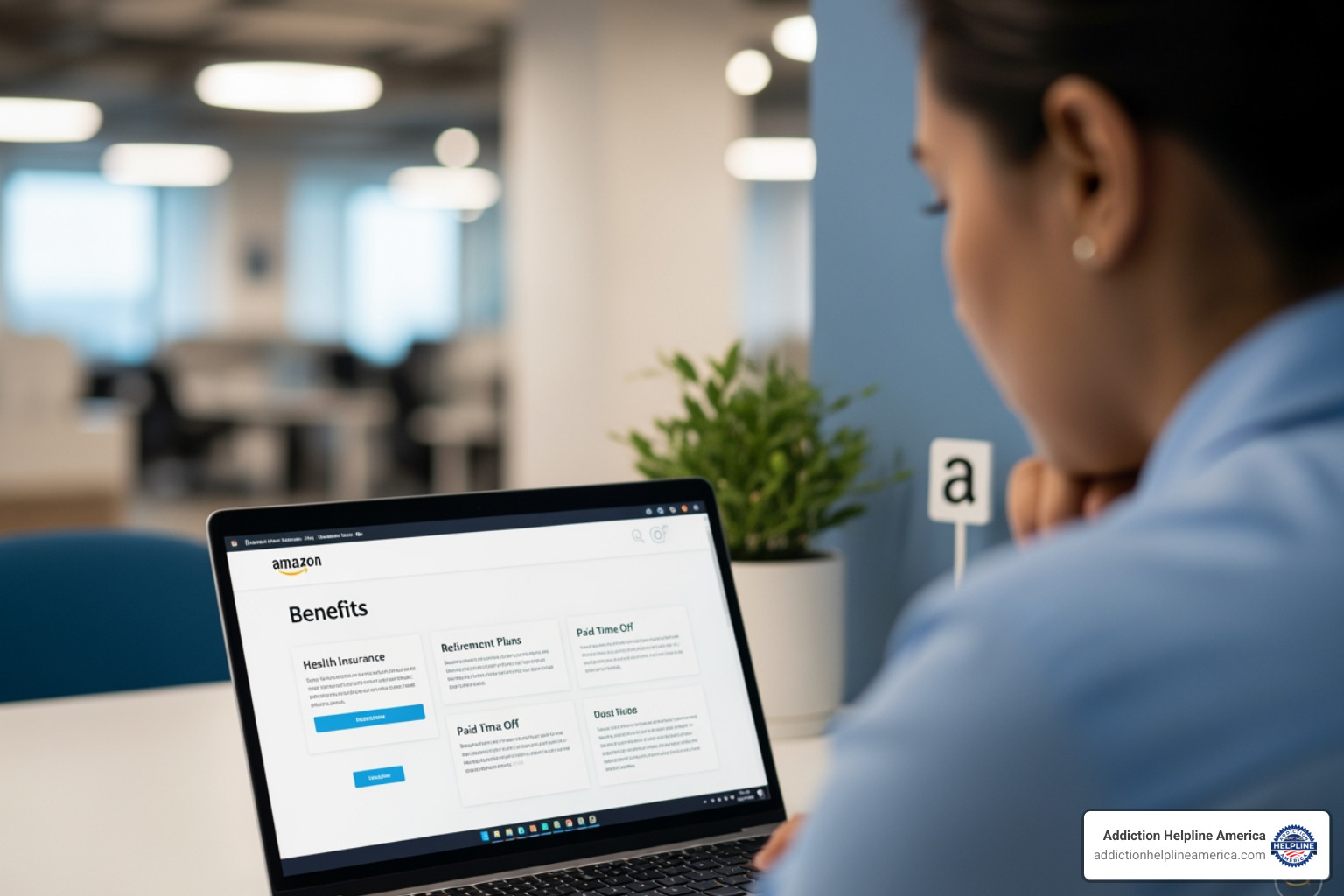 Person discreetly checking Amazon benefits on a laptop - Drug & Alcohol Rehab for Amazon Employees Person discreetly checking Amazon benefits on a laptop - Drug & Alcohol Rehab for Amazon Employees