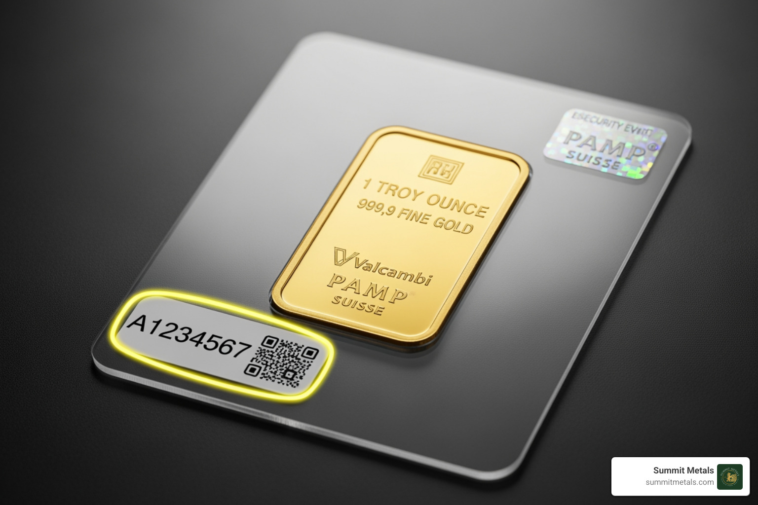 gold bar in an assay card with the serial number highlighted - Investment grade gold bars gold bar in an assay card with the serial number highlighted - Investment grade gold bars