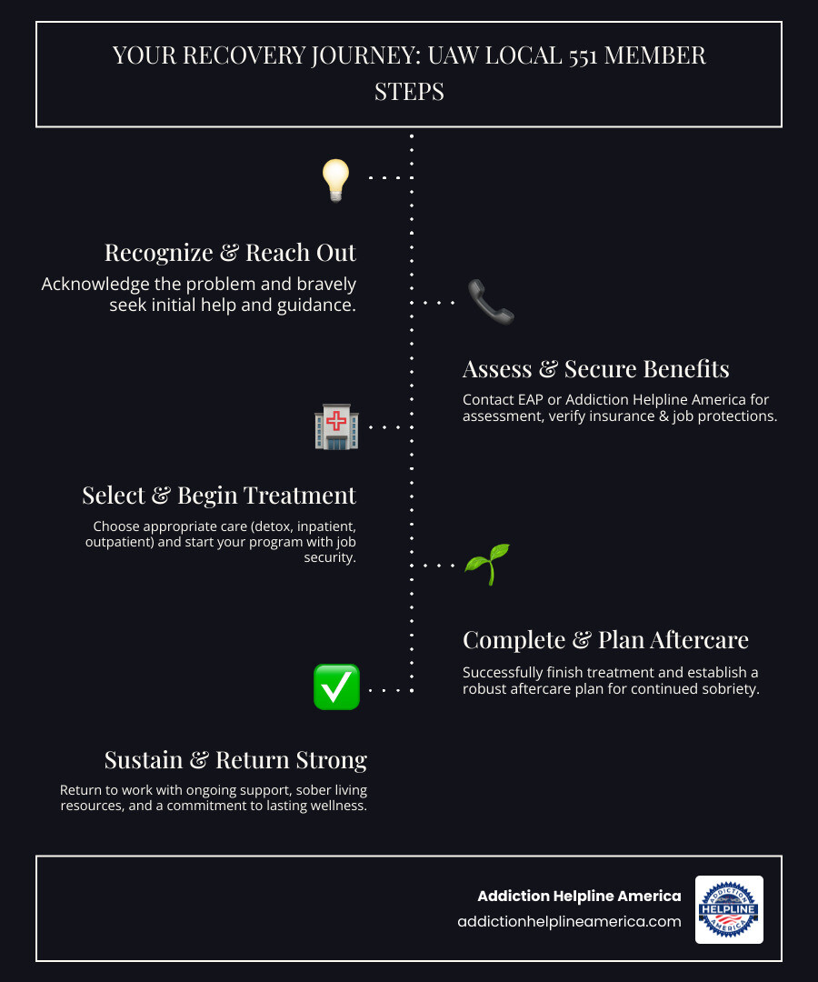 Infographic showing the recovery process: Step 1 - Recognize the problem and reach out for help; Step 2 - Contact EAP or Addiction Helpline America for confidential assessment; Step 3 - Verify insurance benefits and job protections; Step 4 - Choose appropriate treatment level (detox, inpatient, outpatient); Step 5 - Enter treatment with job security; Step 6 - Complete program and transition to aftercare; Step 7 - Return to work with ongoing support and sober living resources - Drug & Alcohol Rehab for UAW Local 551 infographic infographic-line-5-steps-dark Infographic showing the recovery process: Step 1 - Recognize the problem and reach out for help; Step 2 - Contact EAP or Addiction Helpline America for confidential assessment; Step 3 - Verify insurance benefits and job protections; Step 4 - Choose appropriate treatment level (detox, inpatient, outpatient); Step 5 - Enter treatment with job security; Step 6 - Complete program and transition to aftercare; Step 7 - Return to work with ongoing support and sober living resources - Drug & Alcohol Rehab for UAW Local 551 infographic infographic-line-5-steps-dark