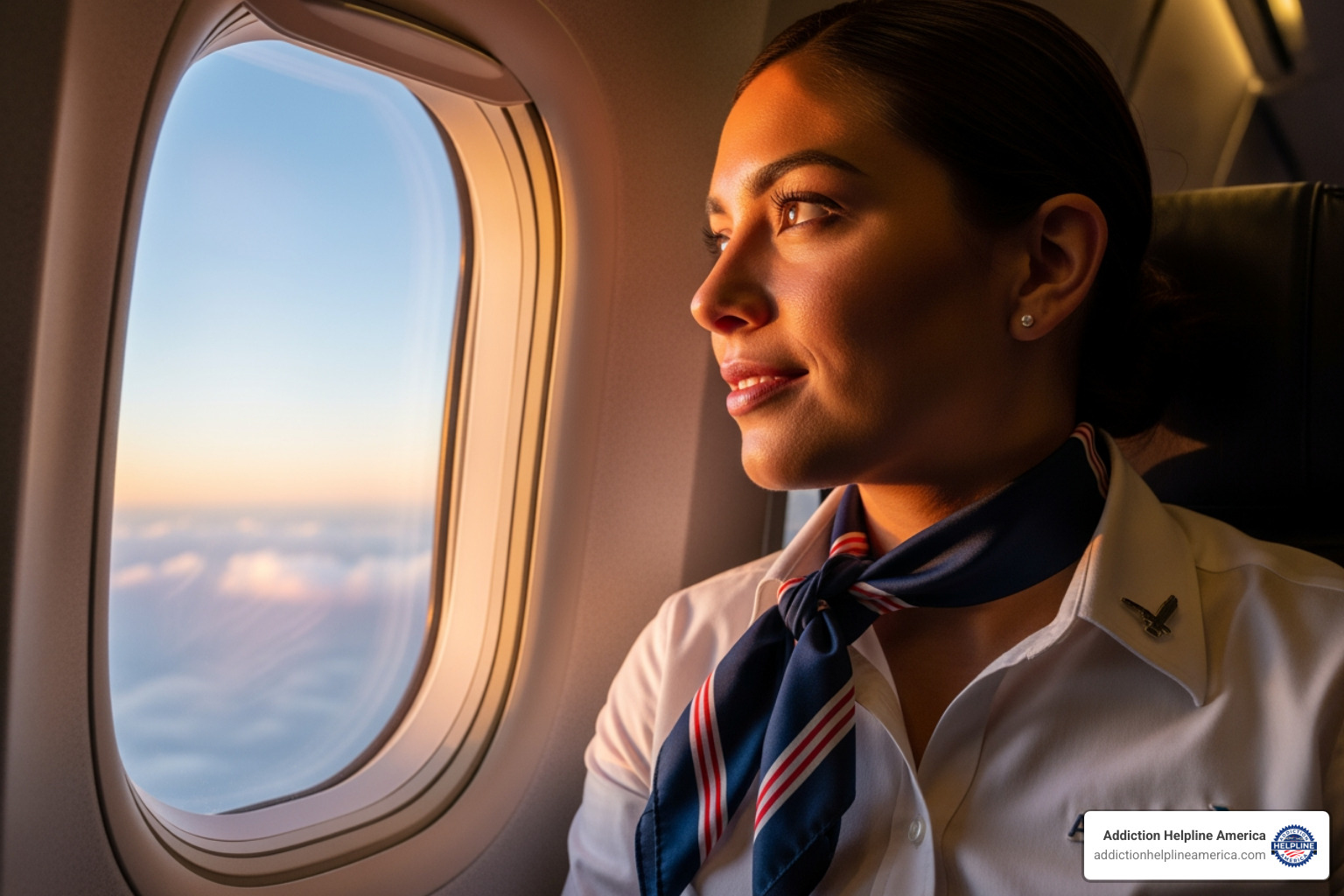 A hopeful-looking American Airlines employee looking out an airplane window - Drug & Alcohol Rehab for American Airlines Employees A hopeful-looking American Airlines employee looking out an airplane window - Drug & Alcohol Rehab for American Airlines Employees