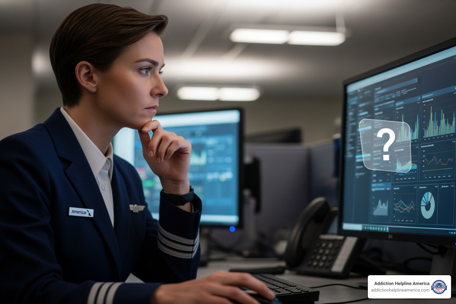 A person looking thoughtfully at a computer screen with a question mark icon - Drug & Alcohol Rehab for American Airlines Employees A person looking thoughtfully at a computer screen with a question mark icon - Drug & Alcohol Rehab for American Airlines Employees