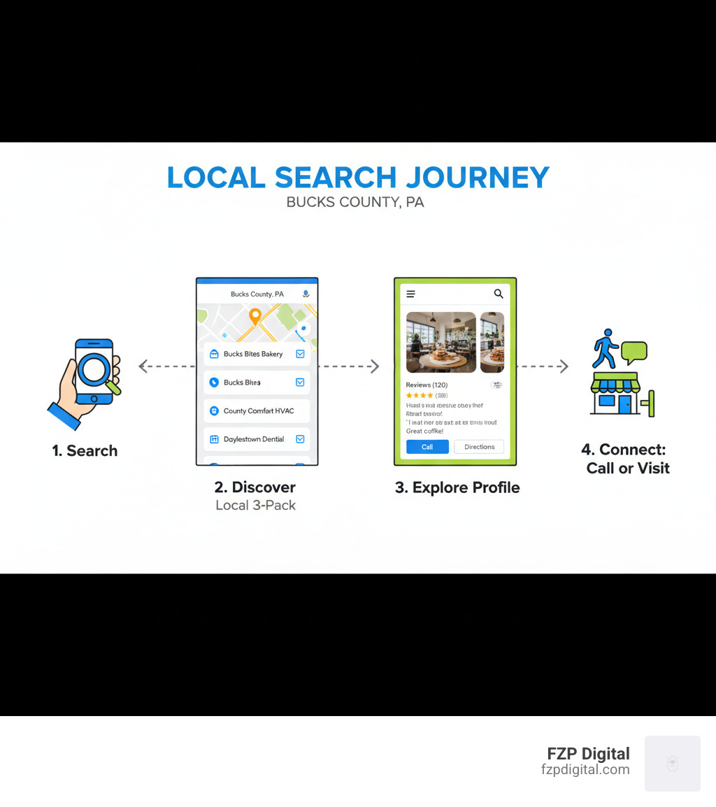 Infographic showing the local search journey: A person searches on their phone for a local service in Bucks County, Google displays a map with the 3-pack of top local businesses with star ratings and contact info, the searcher clicks on a business profile to view photos and reviews, and finally makes a phone call or visits the business location - local seo bucks county infographic Infographic showing the local search journey: A person searches on their phone for a local service in Bucks County, Google displays a map with the 3-pack of top local businesses with star ratings and contact info, the searcher clicks on a business profile to view photos and reviews, and finally makes a phone call or visits the business location - local seo bucks county infographic