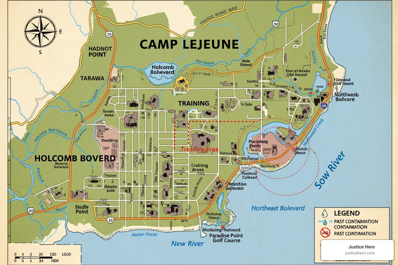 Map showing contaminated water sources at Camp Lejeune - Camp Lejeune veterans