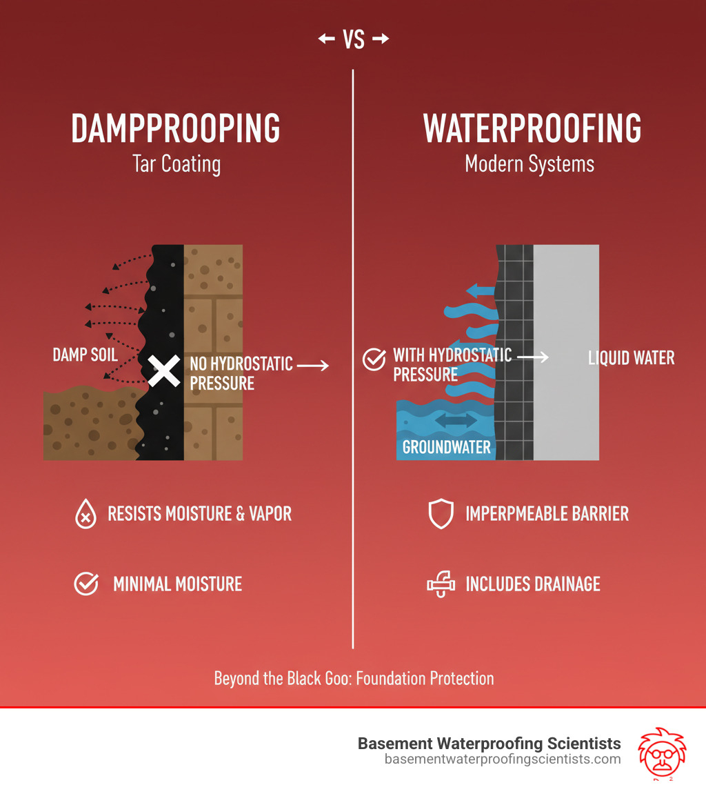 Infographic showing the difference between dampproofing and waterproofing: Dampproofing (tar coating) resists moisture and water vapor from damp soil through porous concrete walls, typically rated to handle minimal moisture without hydrostatic pressure. Waterproofing (modern membranes and systems) creates an impermeable barrier that stops liquid water under pressure, including groundwater with hydrostatic force, and often includes drainage components to redirect water away from the foundation - foundation tar sealer infographic 