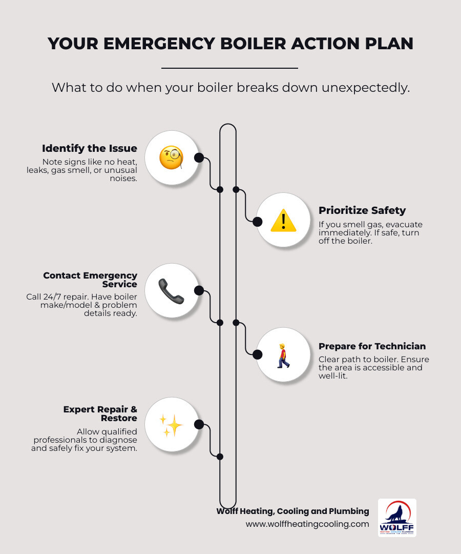 Infographic showing the steps to take during a boiler emergency: 1. Identify the problem (no heat, leaks, gas smell, strange noises), 2. Ensure safety (evacuate if gas smell, turn off boiler if safe), 3. Call 24/7 emergency service with your boiler make/model and problem description, 4. Clear access to the boiler for the technician, 5. Professional diagnosis and immediate repair to restore heat and safety - I need emergency boiler repair in Albuquerque, NM. Who is available now?" infographic infographic-line-5-steps-elegant_beige Infographic showing the steps to take during a boiler emergency: 1. Identify the problem (no heat, leaks, gas smell, strange noises), 2. Ensure safety (evacuate if gas smell, turn off boiler if safe), 3. Call 24/7 emergency service with your boiler make/model and problem description, 4. Clear access to the boiler for the technician, 5. Professional diagnosis and immediate repair to restore heat and safety - I need emergency boiler repair in Albuquerque, NM. Who is available now?" infographic infographic-line-5-steps-elegant_beige