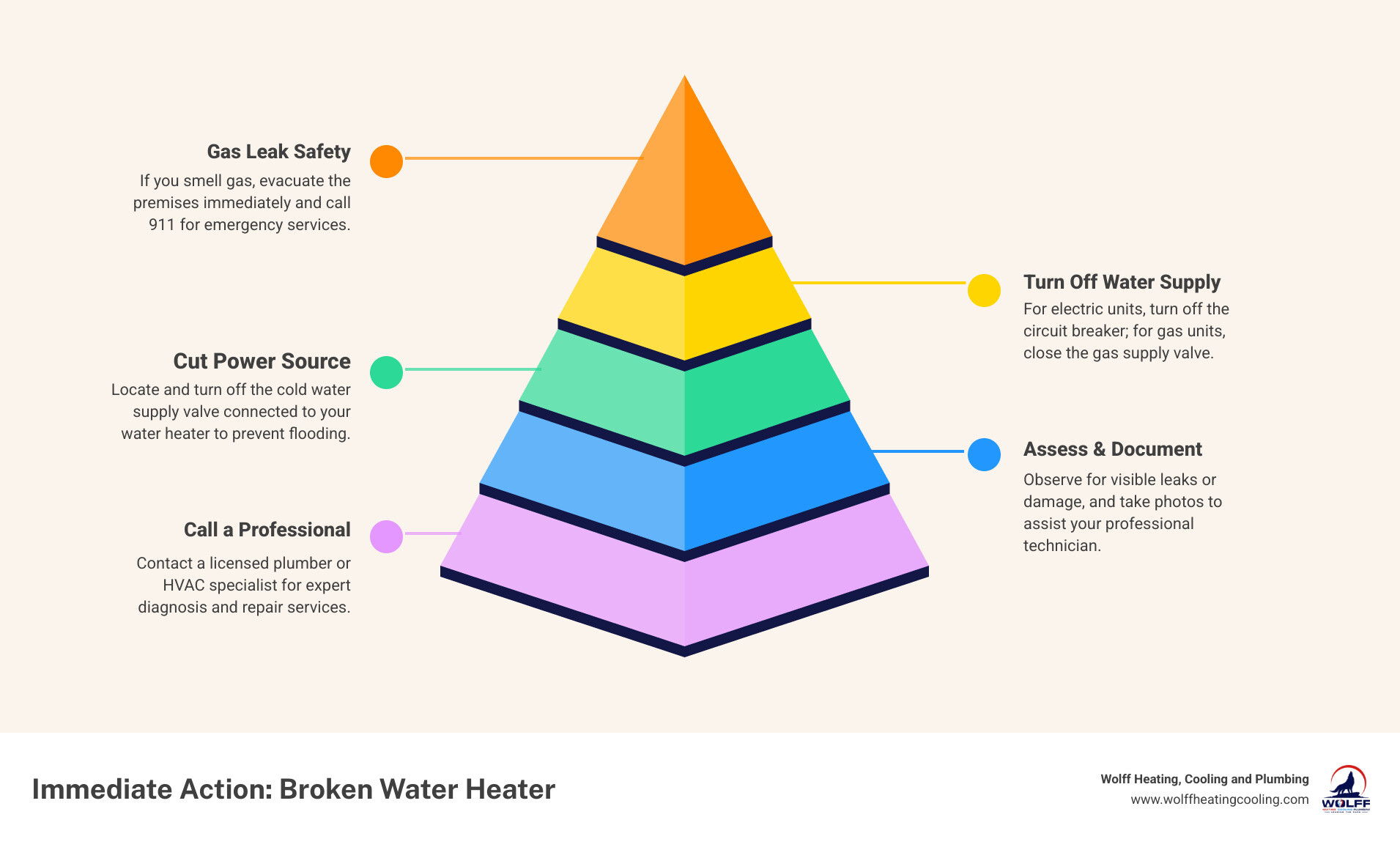 Infographic showing emergency steps for a broken water heater: Step 1 - Turn off water supply valve on cold water pipe, Step 2 - Switch off power at breaker or gas valve, Step 3 - Check for visible leaks or pooled water, Step 4 - If gas smell detected evacuate and call 911, Step 5 - Contact licensed professional for repair - "My hot water heater is broken. Who does repairs in Albuquerque?" infographic pyramid-hierarchy-5-steps Infographic showing emergency steps for a broken water heater: Step 1 - Turn off water supply valve on cold water pipe, Step 2 - Switch off power at breaker or gas valve, Step 3 - Check for visible leaks or pooled water, Step 4 - If gas smell detected evacuate and call 911, Step 5 - Contact licensed professional for repair - "My hot water heater is broken. Who does repairs in Albuquerque?" infographic pyramid-hierarchy-5-steps