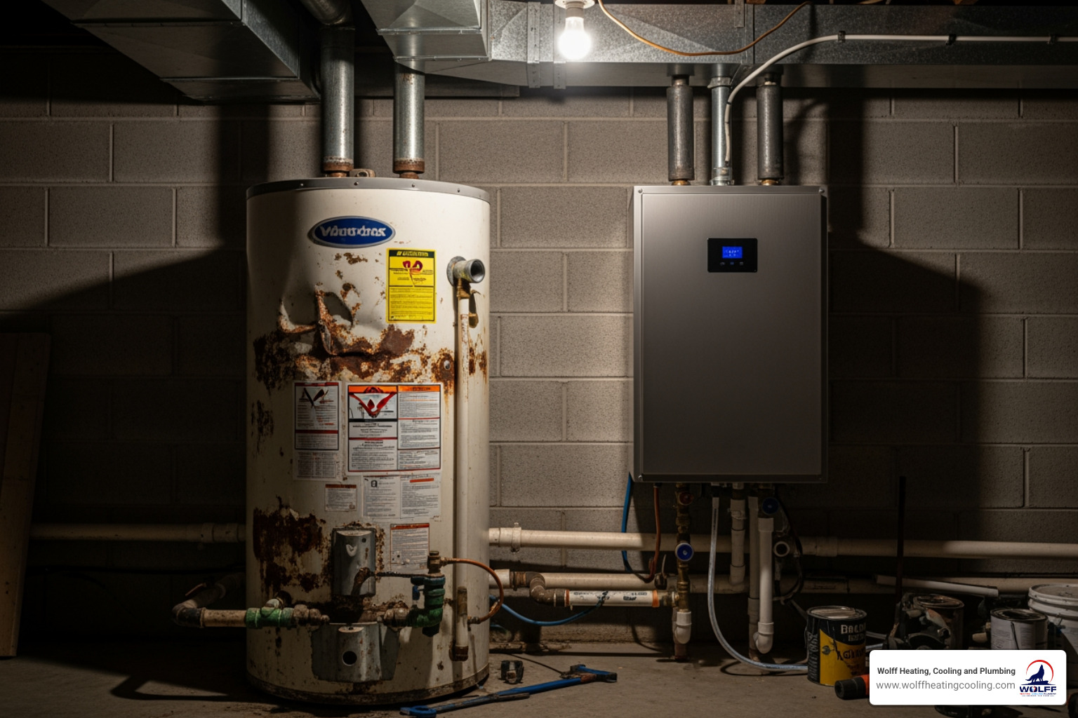 old, corroded water heater with a new tankless model - "My hot water heater is broken. Who does repairs in Albuquerque?" old, corroded water heater with a new tankless model - "My hot water heater is broken. Who does repairs in Albuquerque?"