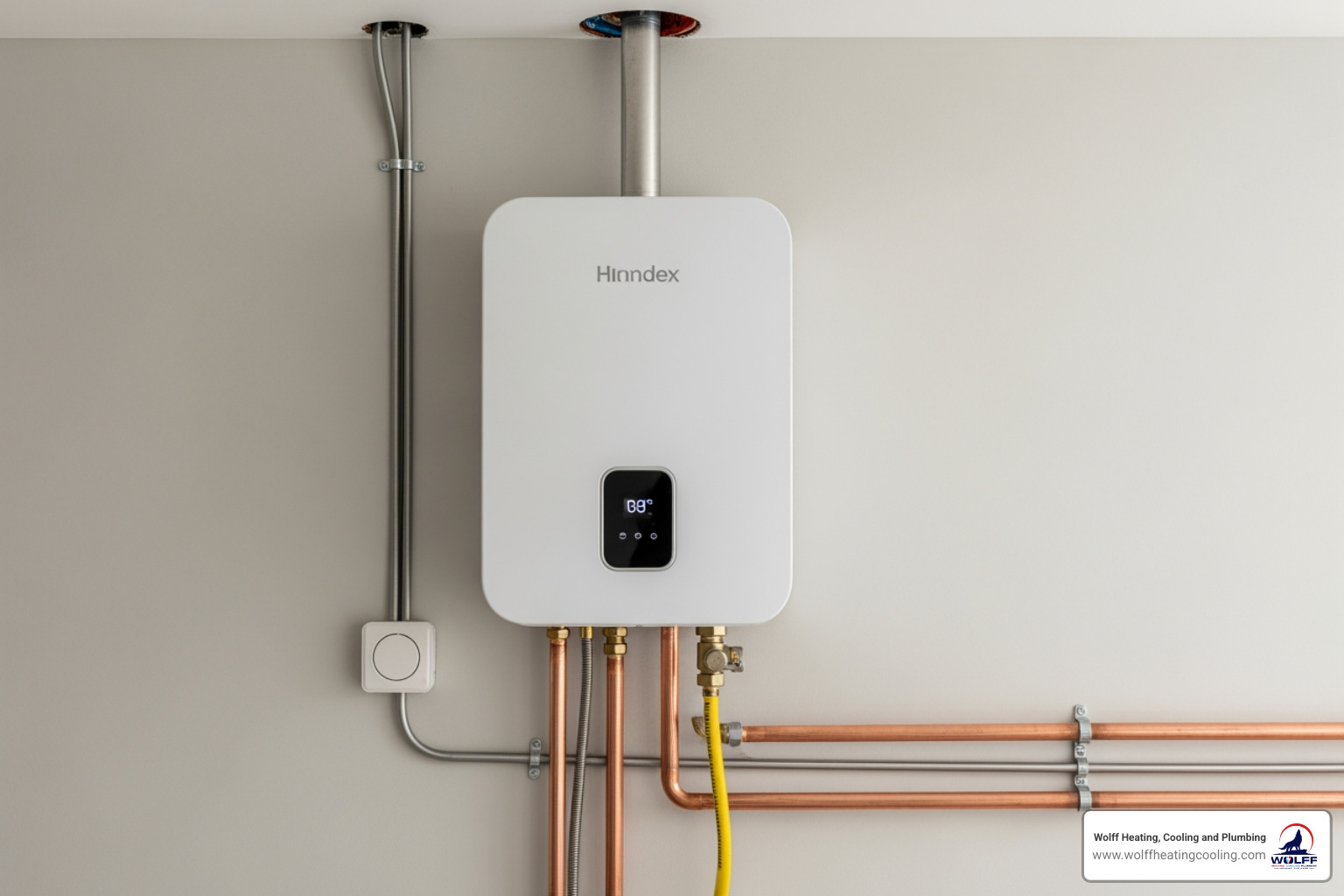 Modern tankless water heater installed on a wall - "Recommend a reliable plumbing company in Albuquerque, NM."