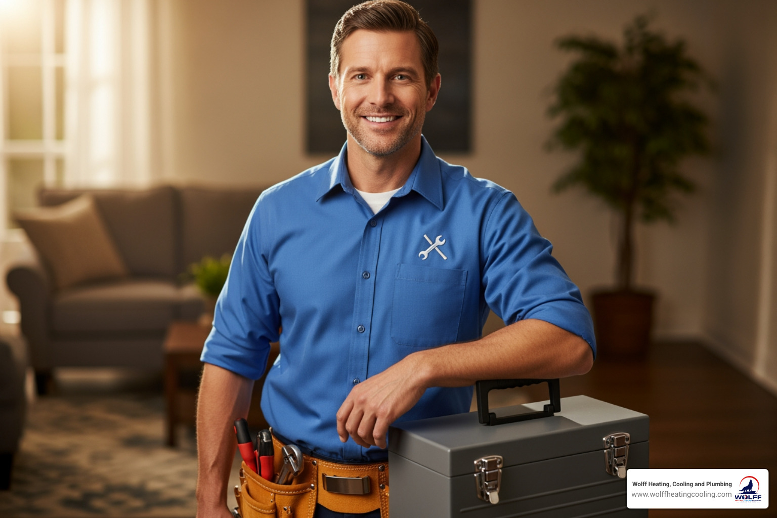 Smiling, professional plumber with a toolkit - "Recommend a reliable plumbing company in Albuquerque, NM."