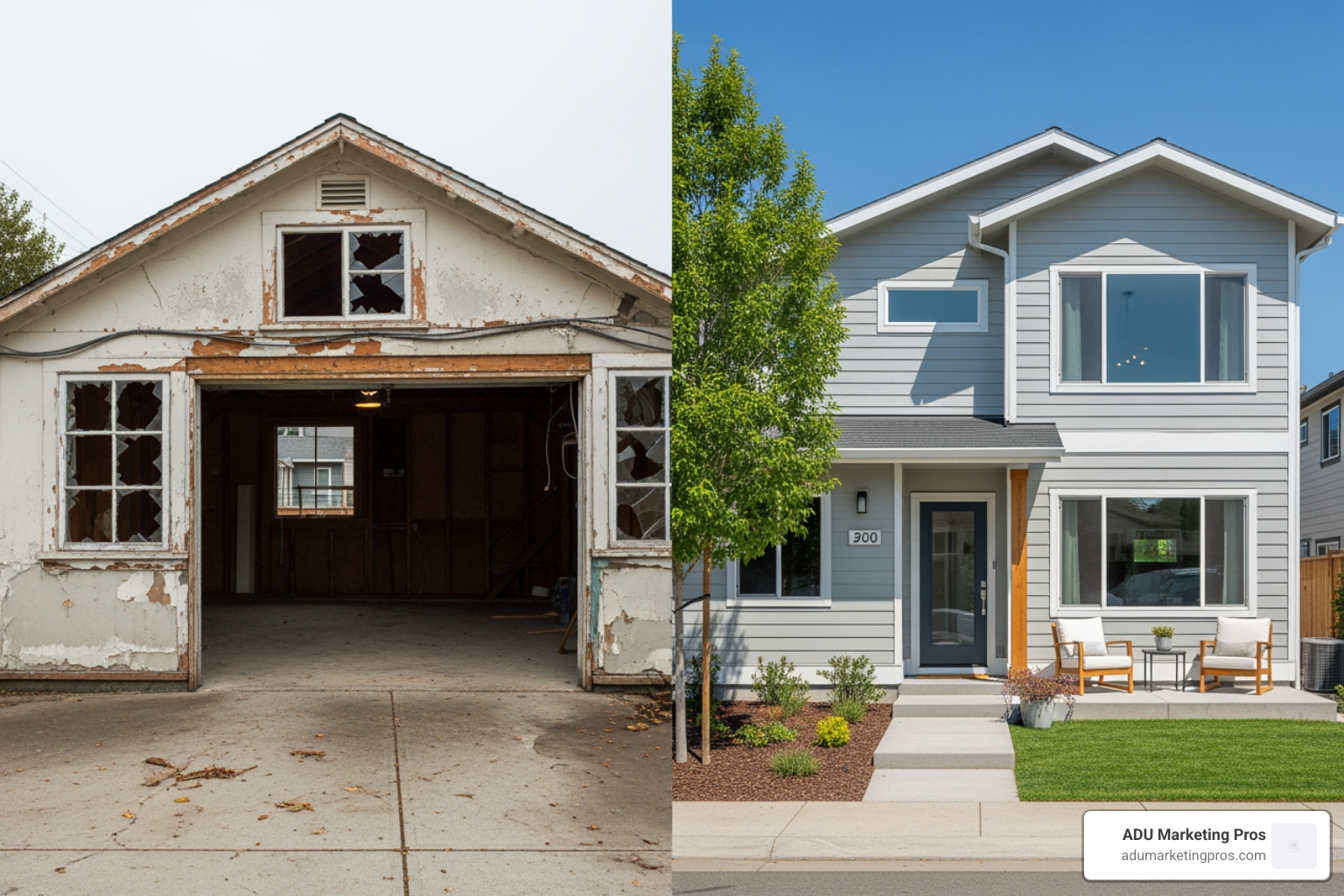 side-by-side comparison of a dilapidated, unpermitted garage conversion and a beautifully finished, legal ADU - illegal accessory dwelling unit los angeles county side-by-side comparison of a dilapidated, unpermitted garage conversion and a beautifully finished, legal ADU - illegal accessory dwelling unit los angeles county