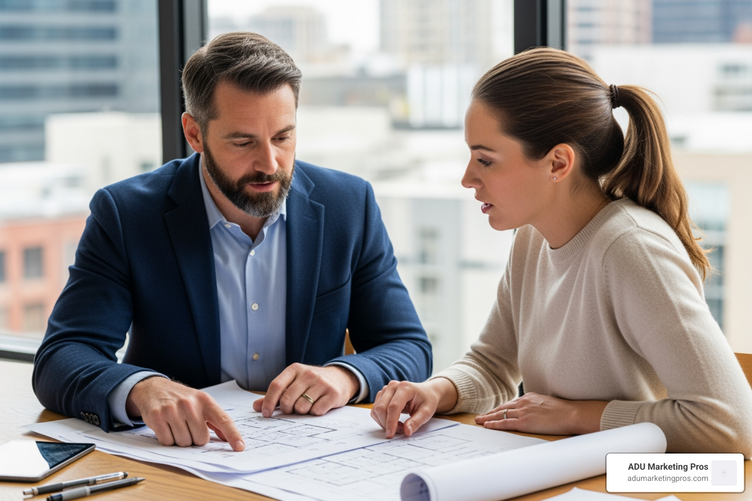 architect reviewing blueprints for an ADU conversion with a homeowner - illegal accessory dwelling unit los angeles county architect reviewing blueprints for an ADU conversion with a homeowner - illegal accessory dwelling unit los angeles county