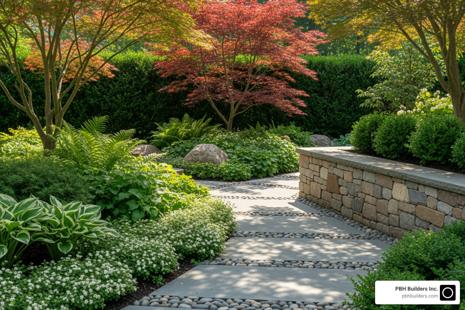 a beautifully balanced landscape showing the interplay between lush greenery and neat stonework - Complete outdoor solutions a beautifully balanced landscape showing the interplay between lush greenery and neat stonework - Complete outdoor solutions