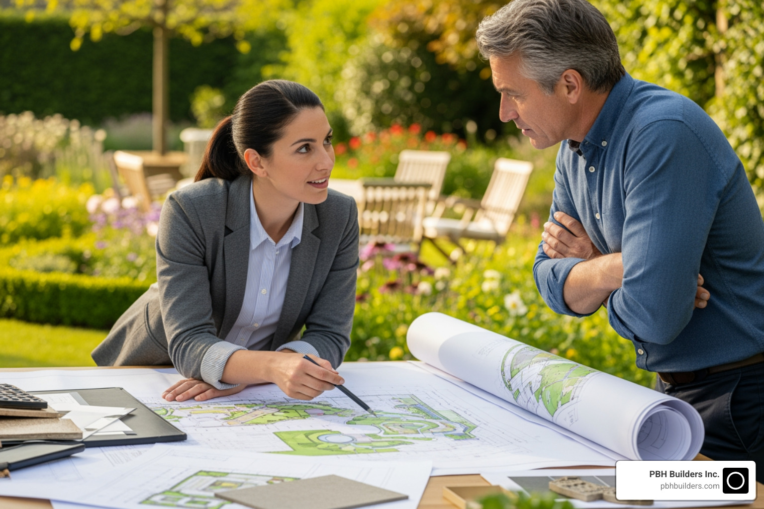 a landscape architect collaborating with a client over design plans - Complete outdoor solutions a landscape architect collaborating with a client over design plans - Complete outdoor solutions