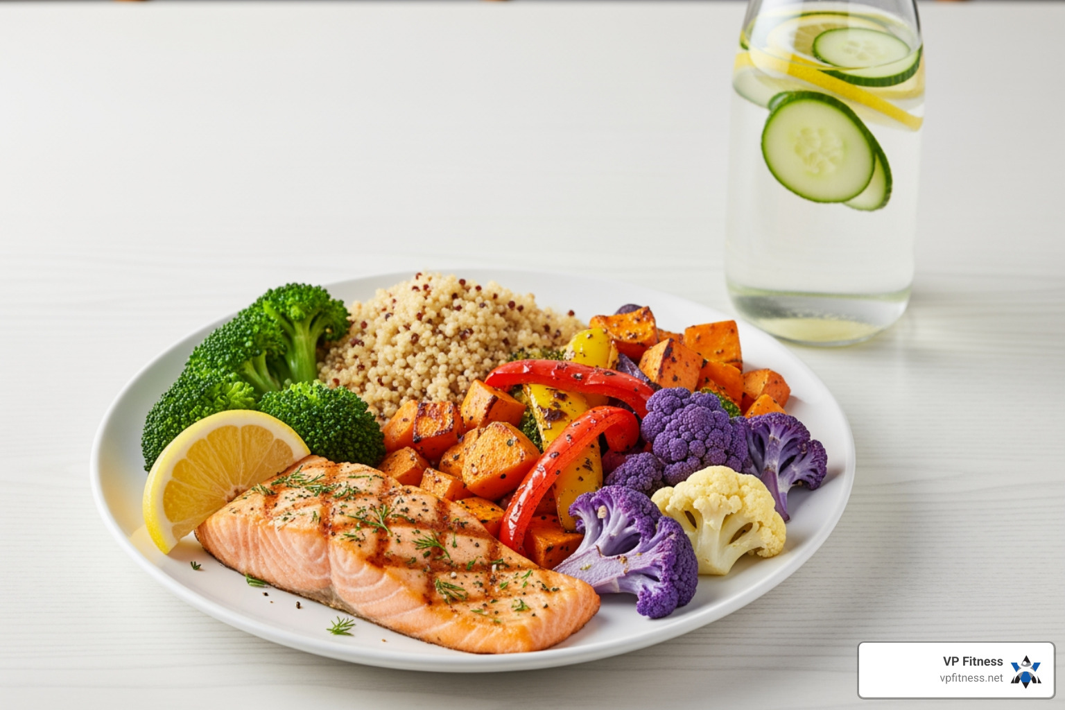 well-balanced, colorful meal next to a water bottle - comprehensive fitness programs