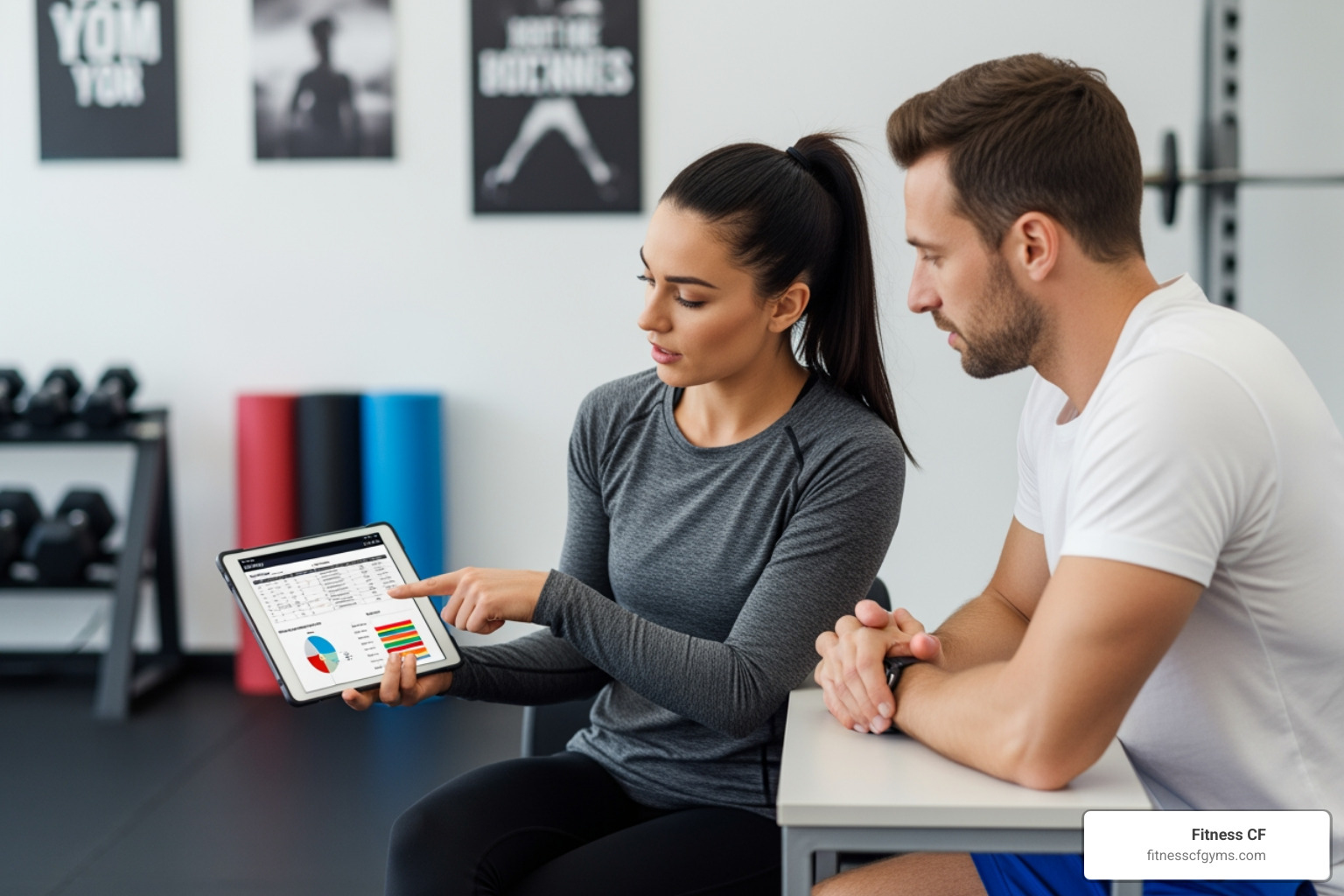 a trainer and client discussing a plan on a tablet - Clermont personal trainer