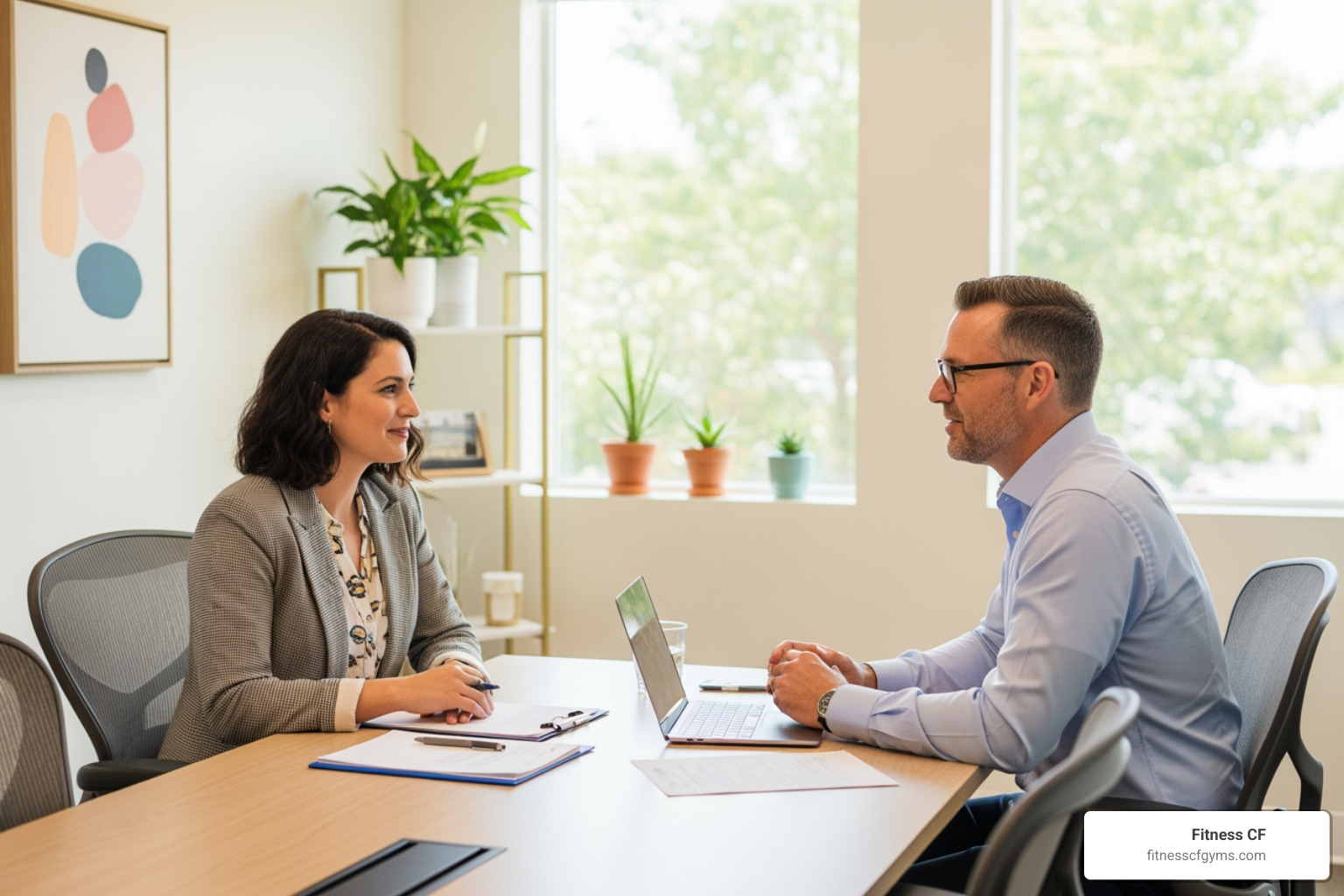 two people having a consultation in a bright, friendly space - Clermont personal trainer
