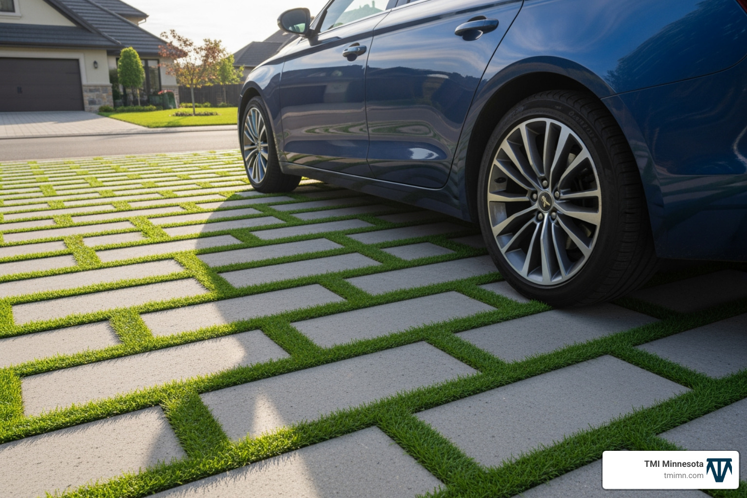 car parked on a paver and turf driveway, with tires resting on the pavers - artificial turf between driveway pavers