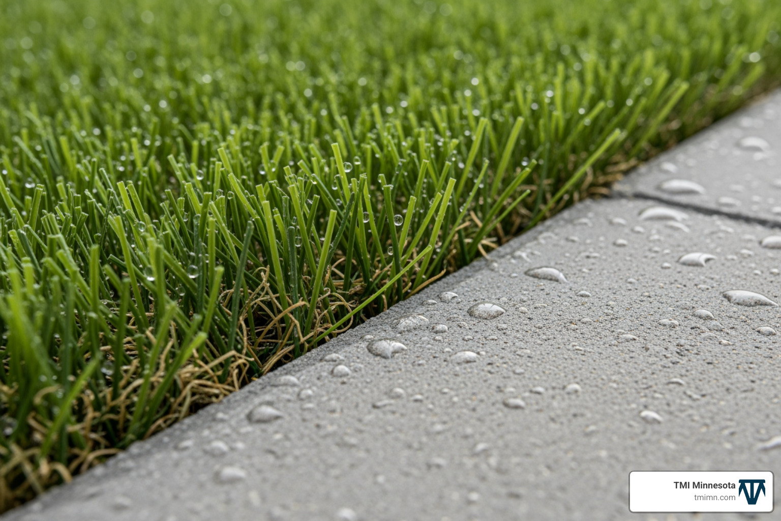 close-up showing the clean contrast between a paver edge and artificial turf blades - artificial turf between driveway pavers