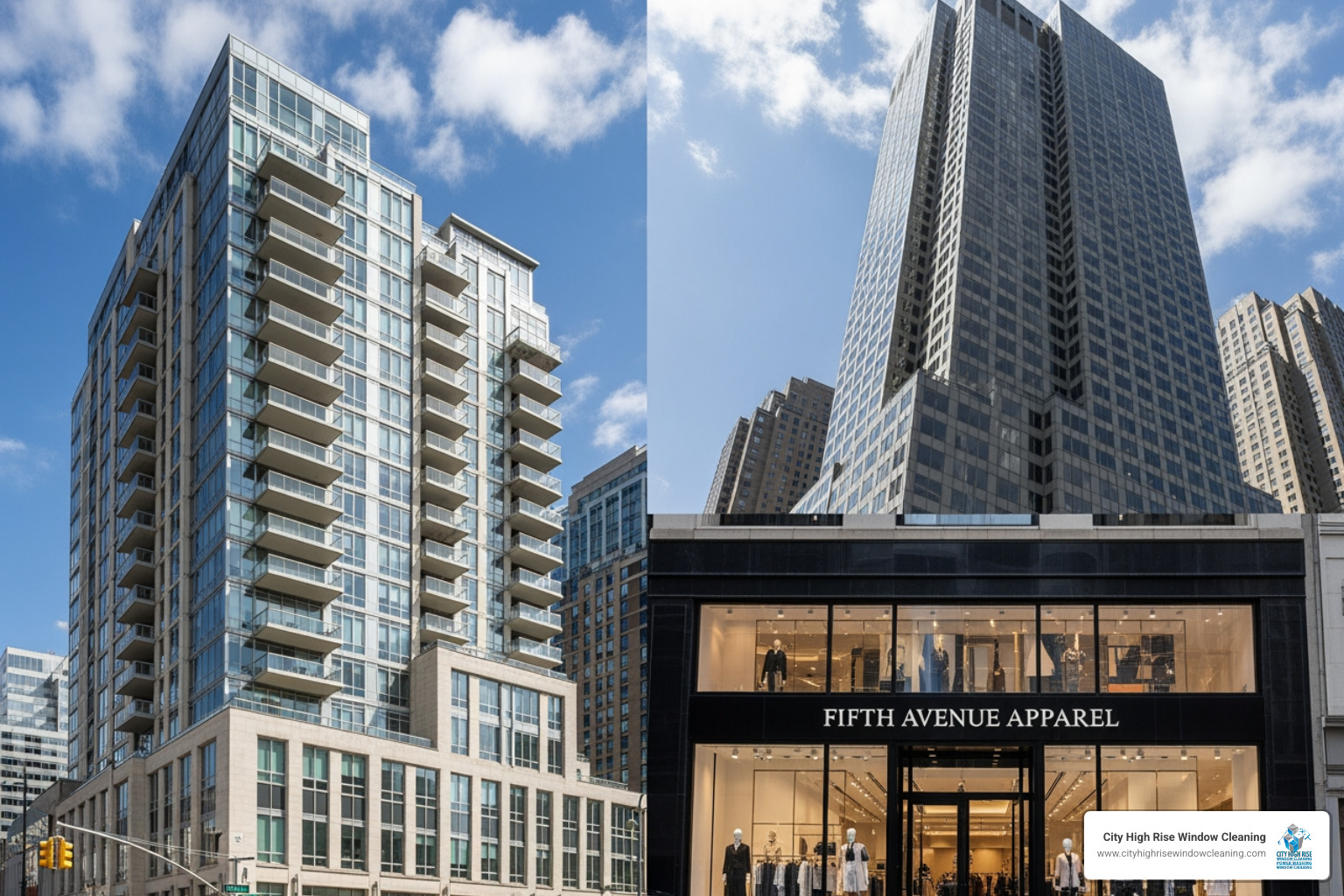 Collage of NYC properties—luxury condo, retail shop, office building. Alt text: "new york window cleaning company services for condos, retail, and offices." - new york window cleaning company Collage of NYC properties—luxury condo, retail shop, office building. Alt text: "new york window cleaning company services for condos, retail, and offices." - new york window cleaning company