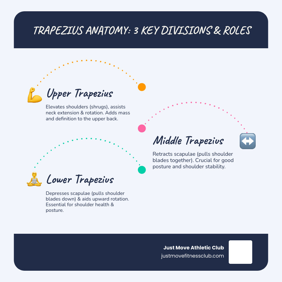 Infographic showing the three sections of the trapezius muscle with their functions: upper traps for shoulder elevation and neck rotation, middle traps for scapular retraction, and lower traps for scapular depression - huge traps workout infographic infographic-line-3-steps-blues-accent_colors
