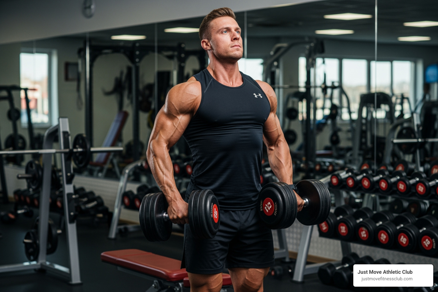 Dumbbell Shrugs with a forward lean, showing a person holding dumbbells and shrugging their shoulders upward and slightly backward while leaning slightly forward - huge traps workout