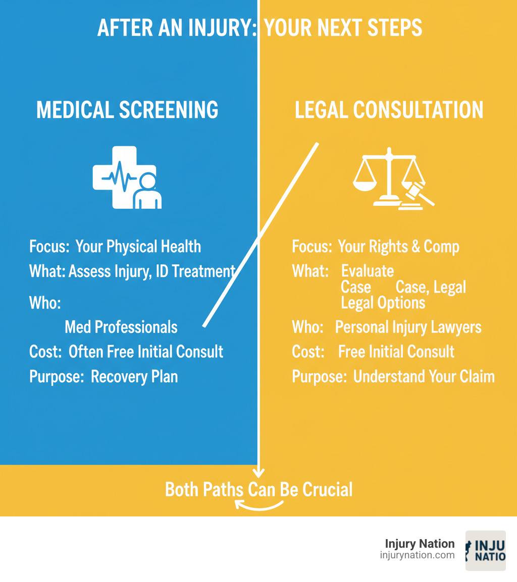 infographic explaining the two main paths after an injury: seeking a medical screening and seeking a legal consultation - do clinics offer free consultations for new injury patients infographic 