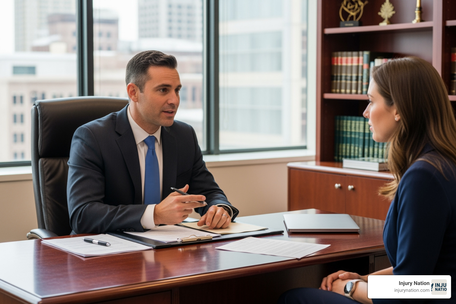 personal injury lawyer speaking with client - do clinics offer free consultations for new injury patients