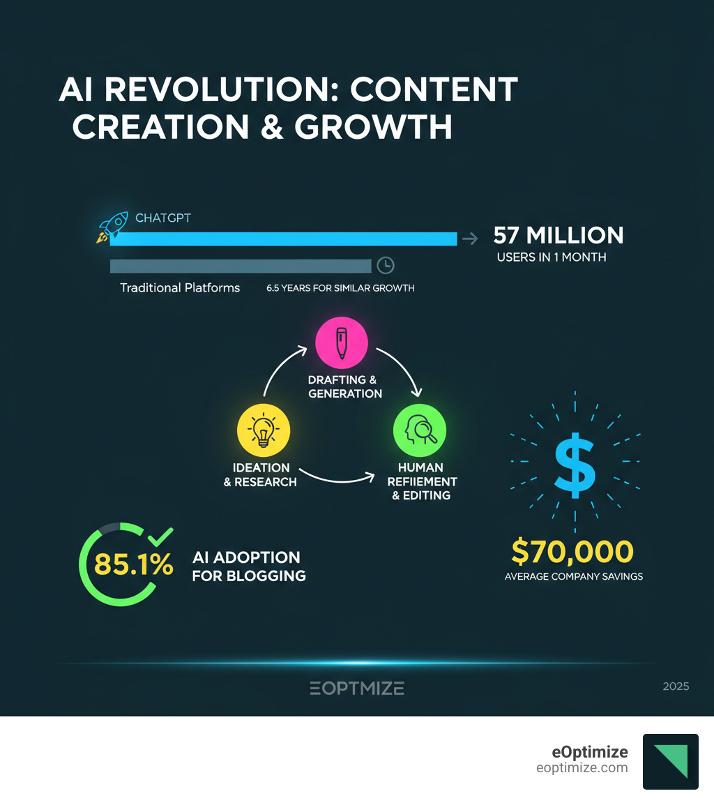 Infographic showing ChatGPT's explosive user growth compared to traditional platforms like Google Translate, alongside the content creation workflow from ideation through drafting to human refinement, highlighting key statistics: 57 million users in month one, $70,000 average company savings, and 85.1% AI adoption for blogging - ChatGPT content creation infographic 