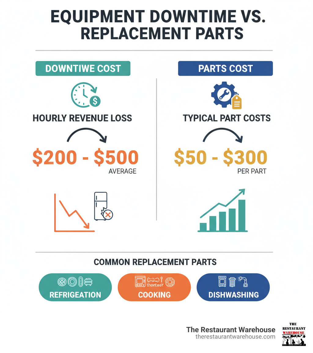 Infographic showing cost comparison between equipment downtime and replacement parts, including average hourly revenue loss of $200-500 versus typical part costs of $50-300, plus common parts needed for refrigeration and dishwashing equipment - discount restaurant equipment parts infographic Infographic showing cost comparison between equipment downtime and replacement parts, including average hourly revenue loss of $200-500 versus typical part costs of $50-300, plus common parts needed for refrigeration and dishwashing equipment - discount restaurant equipment parts infographic
