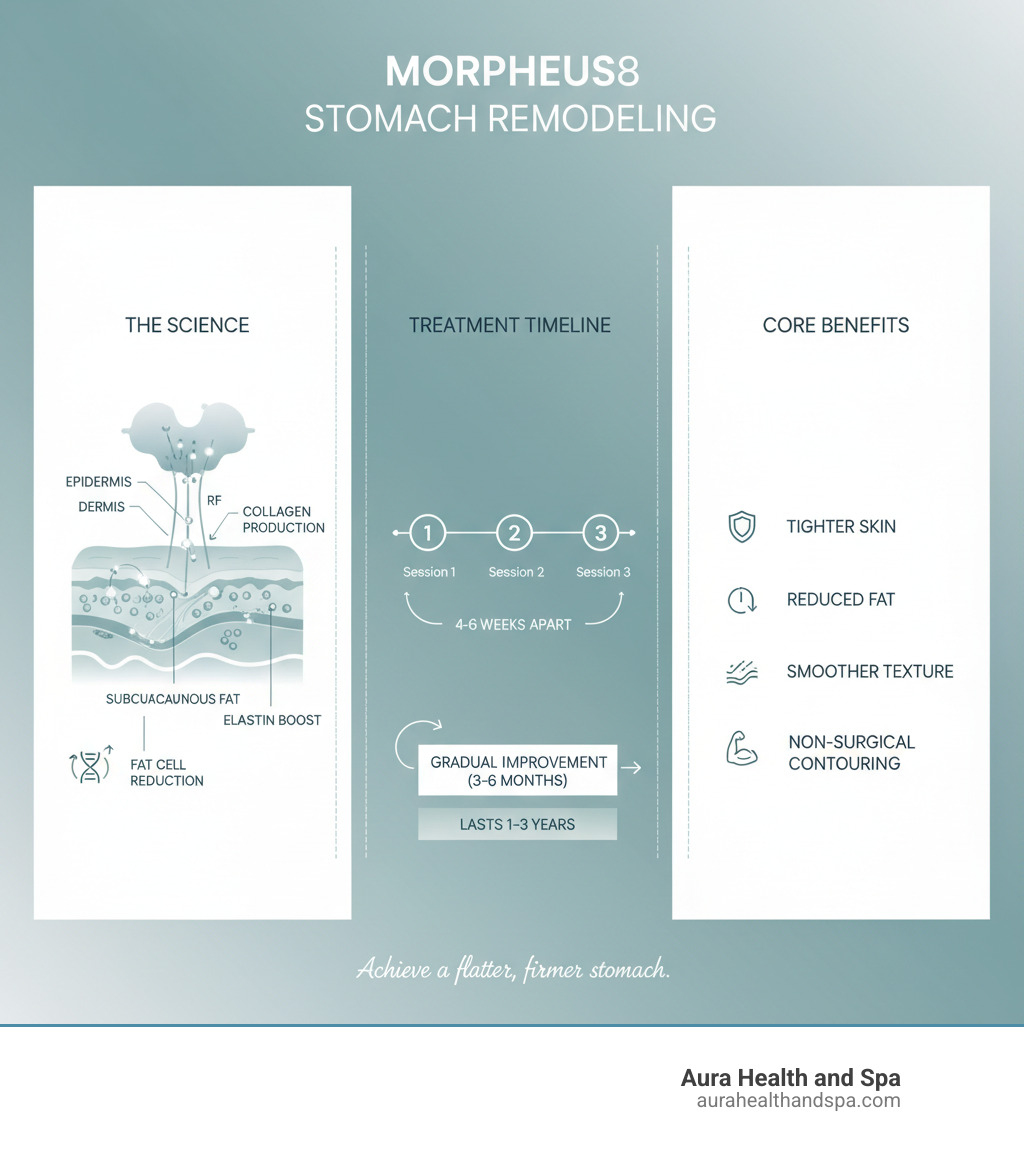 infographic showing how Morpheus8 microneedling and radiofrequency energy penetrate skin layers to stimulate collagen production and reduce fat cells in the stomach area with treatment timeline and benefits - morpheus8 skin tightening stomach infographic 