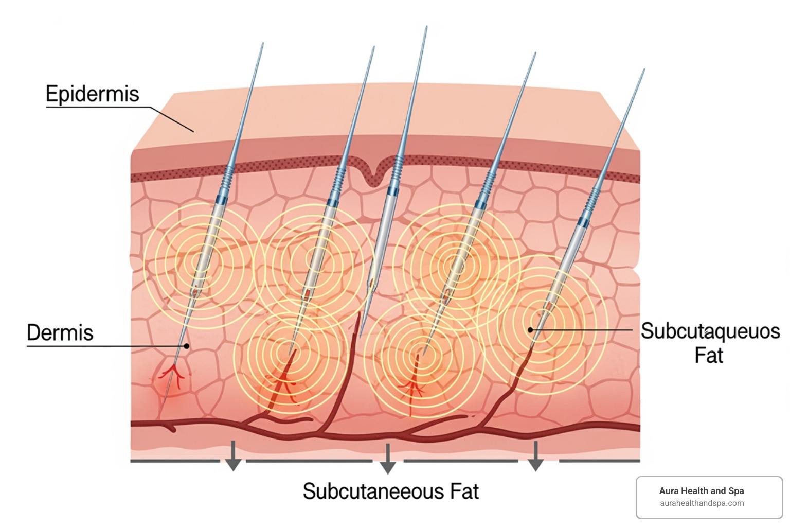 diagram showing Morpheus8 needles penetrating the dermis and subcutaneous fat layers - morpheus8 skin tightening stomach