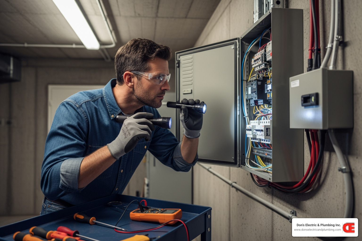Image of an electrician performing a panel inspection - licensed safety electrician palatine Image of an electrician performing a panel inspection - licensed safety electrician palatine