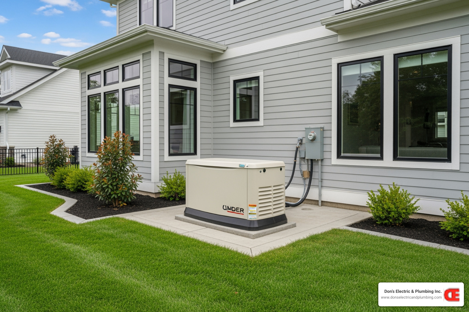 Image of a professionally installed home generator next to a house - licensed safety electrician palatine Image of a professionally installed home generator next to a house - licensed safety electrician palatine
