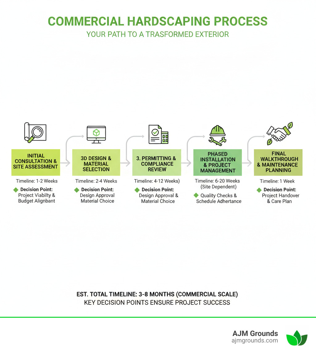 Infographic showing the complete commercial hardscaping process: Initial Consultation and Site Assessment, 3D Design and Material Selection, Permitting and Compliance Review, Phased Installation with Project Management, Final Walkthrough and Maintenance Planning, with estimated timelines and key decision points at each stage - commercial hardscape contractors infographic Infographic showing the complete commercial hardscaping process: Initial Consultation and Site Assessment, 3D Design and Material Selection, Permitting and Compliance Review, Phased Installation with Project Management, Final Walkthrough and Maintenance Planning, with estimated timelines and key decision points at each stage - commercial hardscape contractors infographic