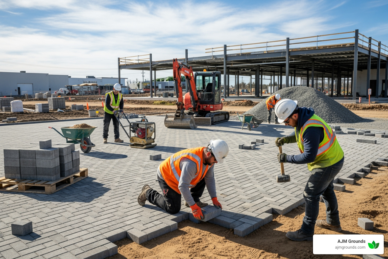 team installing a large paver patio on a commercial site - commercial hardscape contractors team installing a large paver patio on a commercial site - commercial hardscape contractors