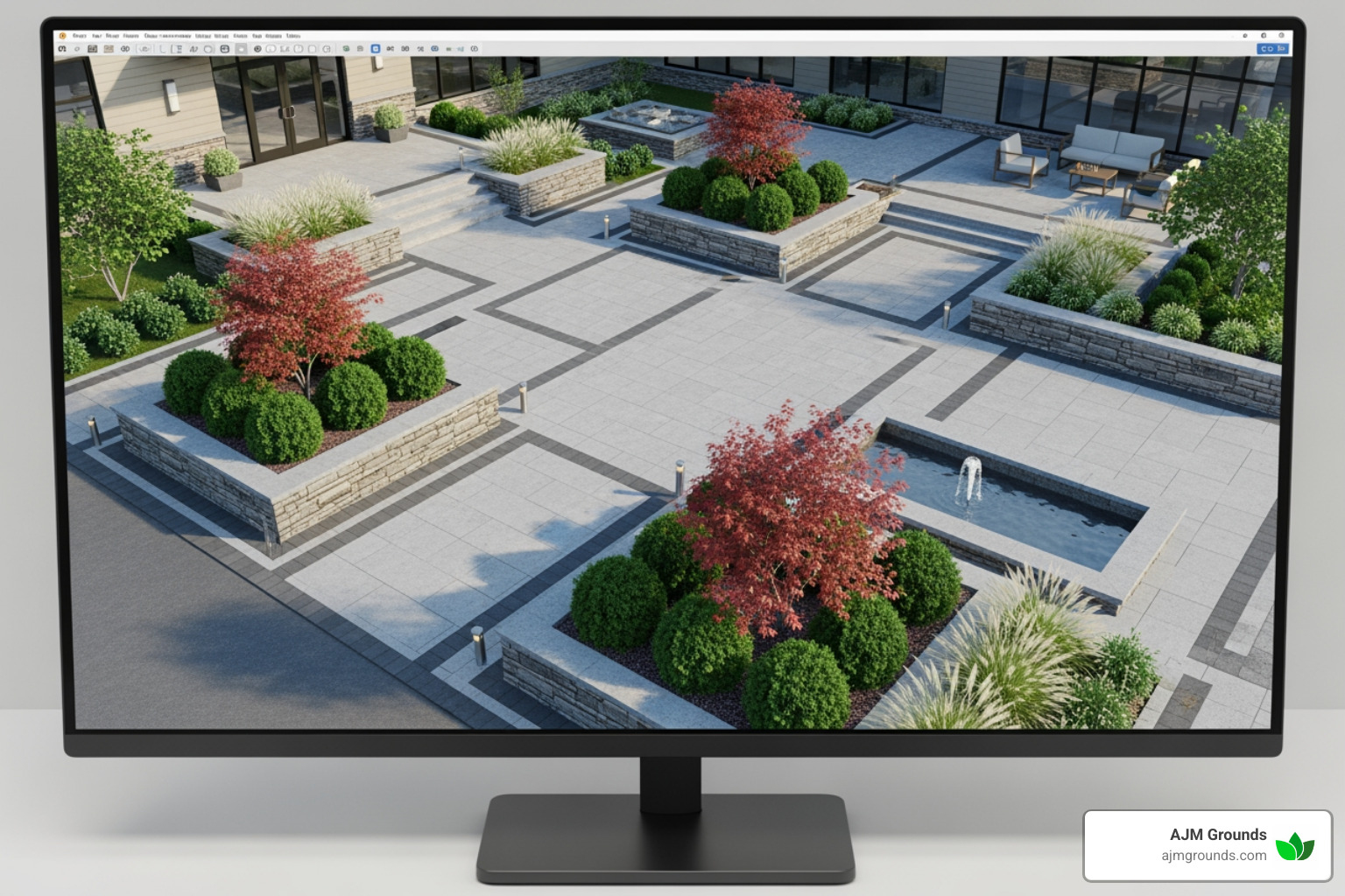 3D hardscape design rendering on a computer screen - commercial hardscape contractors 3D hardscape design rendering on a computer screen - commercial hardscape contractors