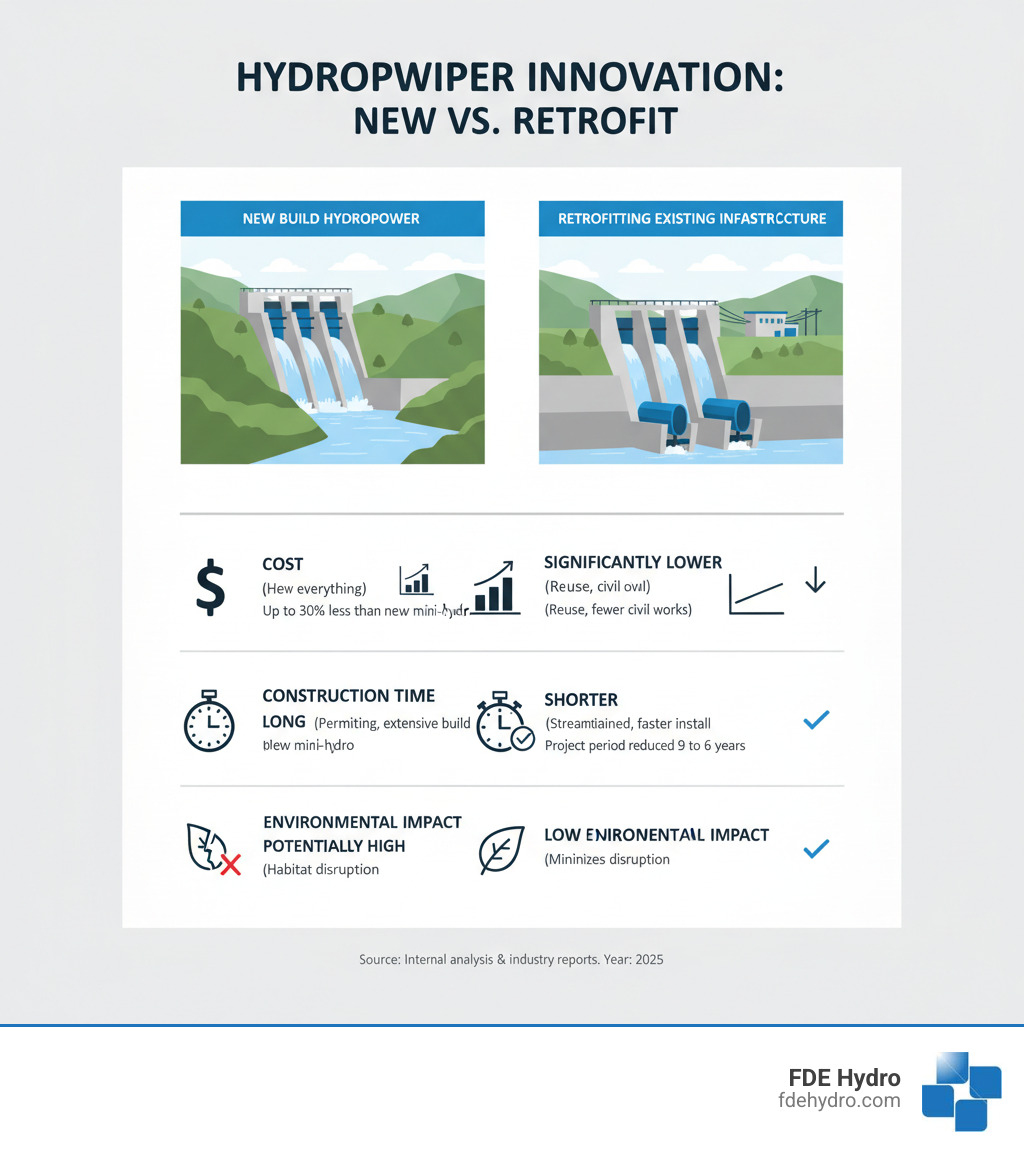 Table comparing New Build Hydropower vs. Retrofitting Existing Infrastructure on metrics like Cost, Construction Time, and Environmental Impact - hydropower innovation case studies infographic Table comparing New Build Hydropower vs. Retrofitting Existing Infrastructure on metrics like Cost, Construction Time, and Environmental Impact - hydropower innovation case studies infographic