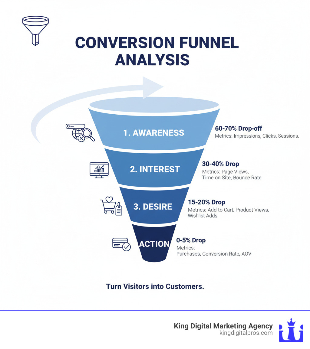 Infographic showing the 4 stages of a classic conversion funnel: Stage 1 - Awareness (customer discovers your business through search, ads, or social media), Stage 2 - Interest (customer explores your website, reads content, views products), Stage 3 - Desire (customer adds items to cart, compares options, considers purchase), Stage 4 - Action (customer completes checkout and becomes a paying customer). Each stage shows typical drop-off percentages and key metrics to track. - conversion funnel analysis infographic 