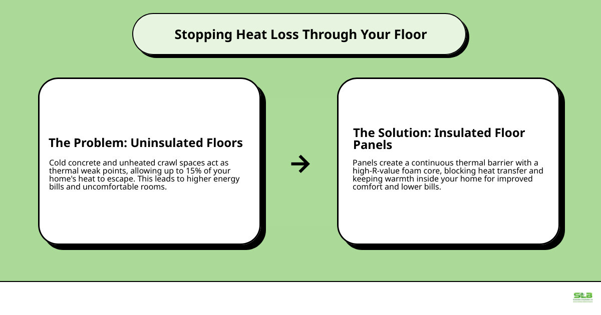 infographic showing how 15% of home heat escapes through uninsulated floors, with a cross-section diagram illustrating how insulated panels create a thermal barrier with labeled layers including finished flooring, structural panel surface, foam insulation core, air gap for moisture management, and concrete slab - insulated floor panel infographic cause_effect_text infographic showing how 15% of home heat escapes through uninsulated floors, with a cross-section diagram illustrating how insulated panels create a thermal barrier with labeled layers including finished flooring, structural panel surface, foam insulation core, air gap for moisture management, and concrete slab - insulated floor panel infographic cause_effect_text