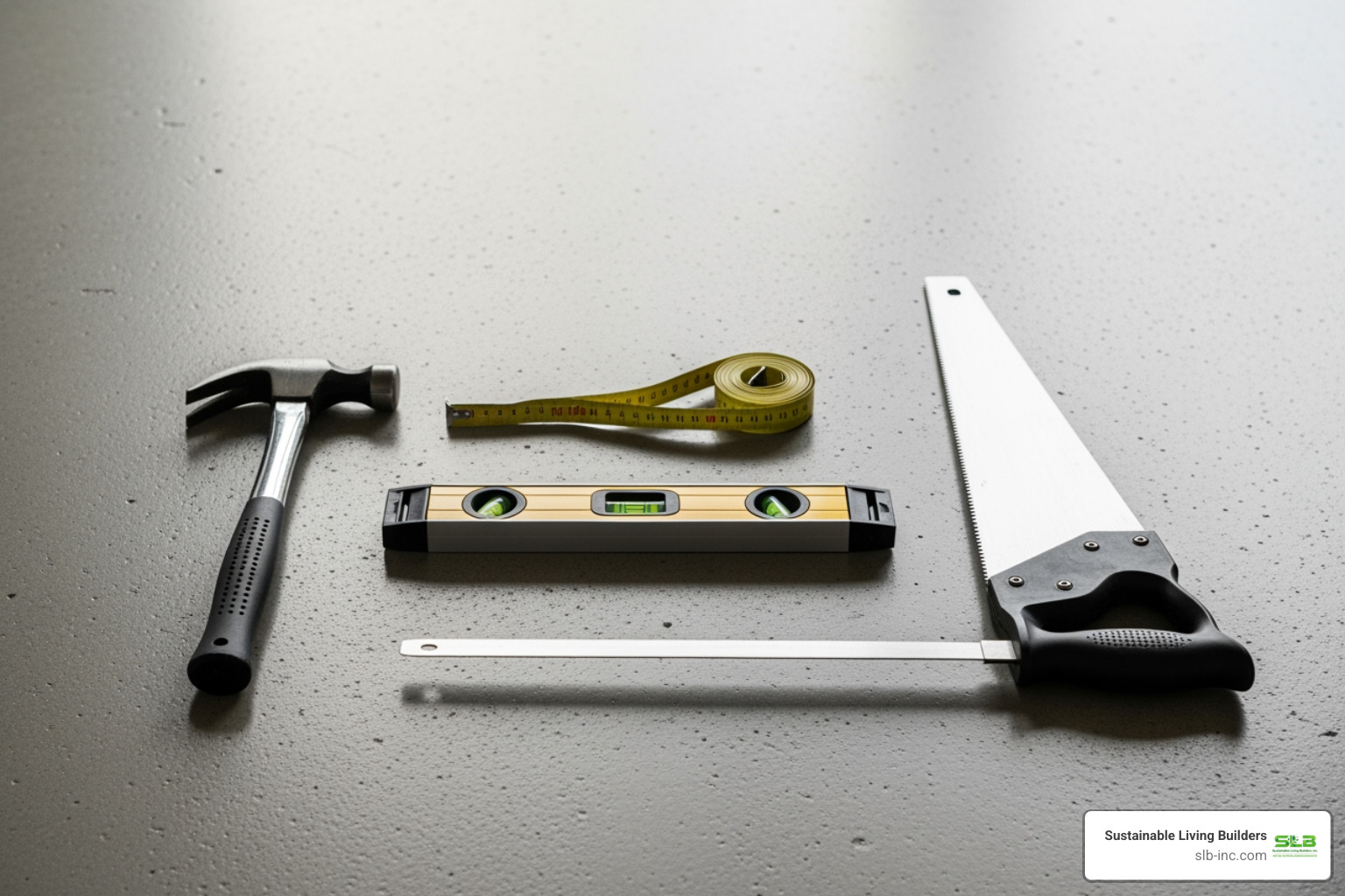 tools laid out for an insulated floor panel installation including a hammer, saw, measuring tape, and level - insulated floor panel tools laid out for an insulated floor panel installation including a hammer, saw, measuring tape, and level - insulated floor panel