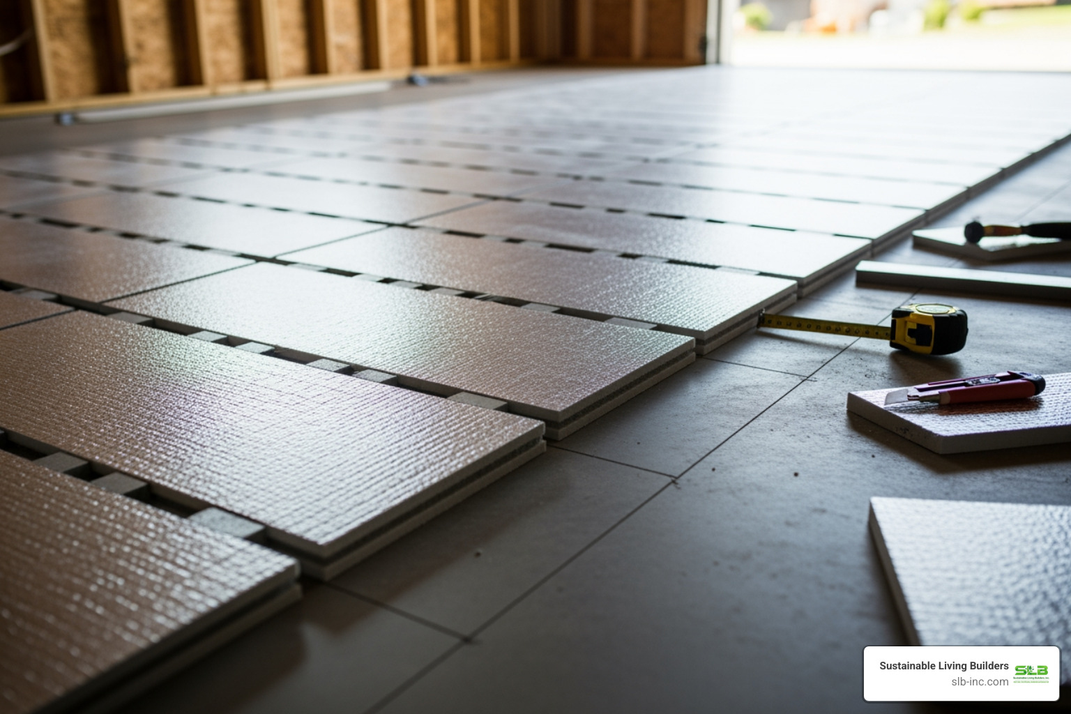 insulated floor panels being installed in a garage conversion, showing the panels laid out on the concrete floor before finished flooring is added - insulated floor panel insulated floor panels being installed in a garage conversion, showing the panels laid out on the concrete floor before finished flooring is added - insulated floor panel