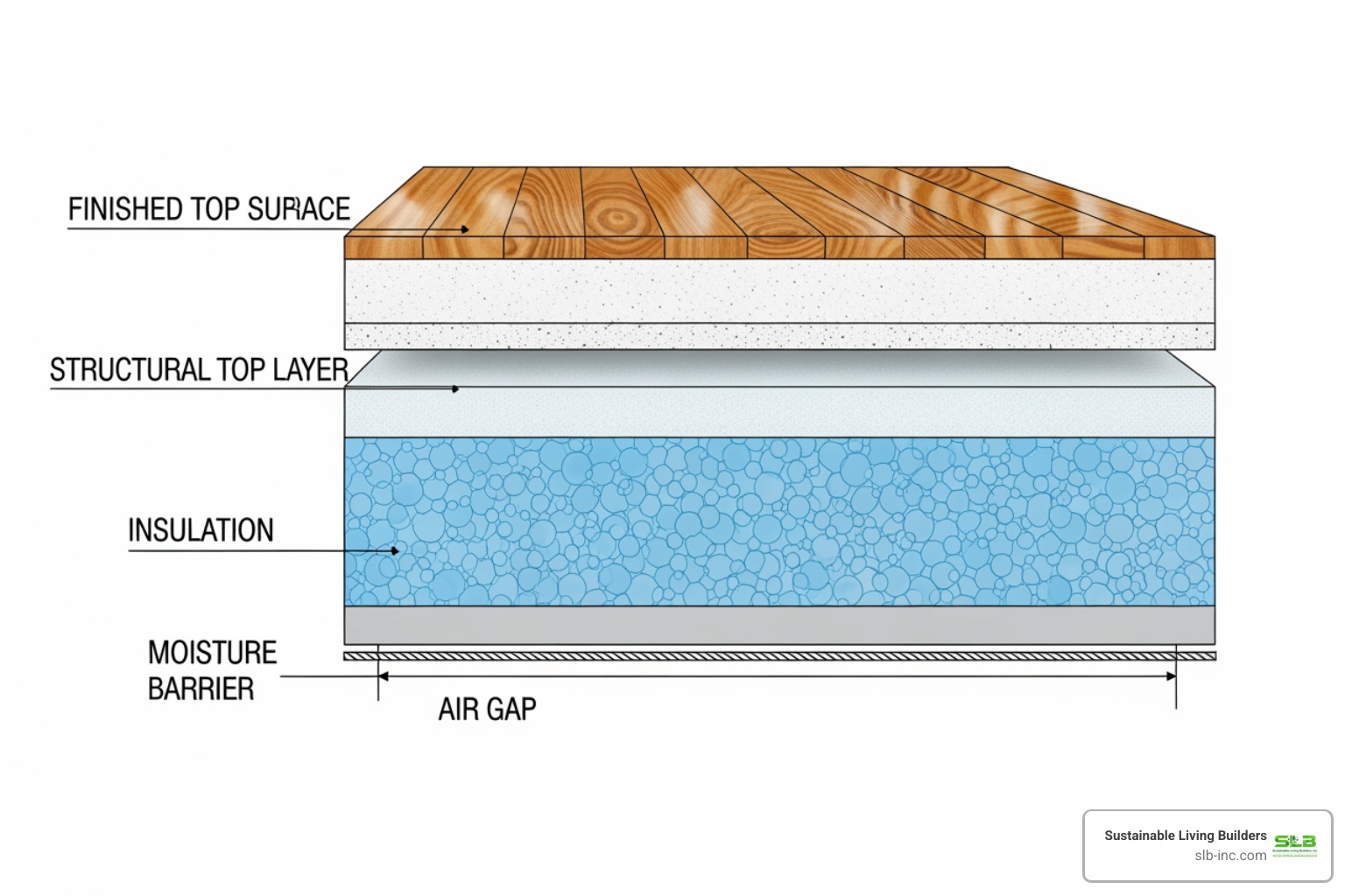 cross-section of an insulated floor panel showing a finished floor layer, structural top, foam insulation core, and a moisture barrier or air gap layer - insulated floor panel cross-section of an insulated floor panel showing a finished floor layer, structural top, foam insulation core, and a moisture barrier or air gap layer - insulated floor panel