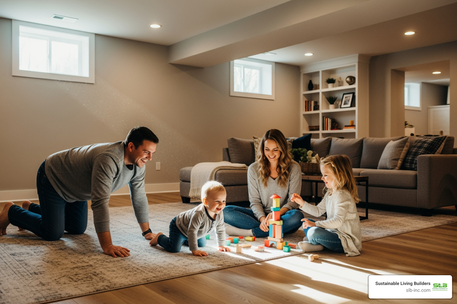 family comfortably playing on a finished basement floor - insulated floor panel family comfortably playing on a finished basement floor - insulated floor panel